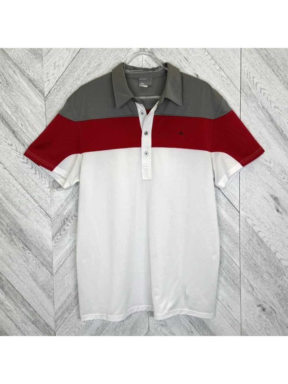 J Lindeberg Golf Polo Shirt Mens Size Large Colorblock Red White Gray